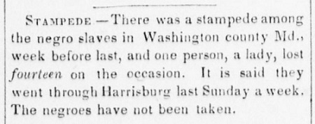 News article about a mass escape of enslaved persons from Washington County, Maryland.